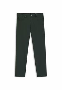 Pantaloni in cotone verde scuro a taglio slim, con cinque tasche, chiusura frontale con bottone e cuciture robuste.