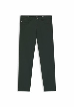 Dunkelgrüne Baumwollhose mit schmaler Passform, ausgestattet mit fünf Taschen, einem vorderen Knopfverschluss und robuster Naht.