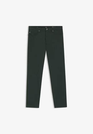 Dunkelgrüne Baumwollhose mit schmaler Passform, ausgestattet mit fünf Taschen, einem vorderen Knopfverschluss und robuster Naht.