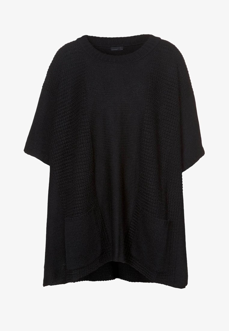 Poncho noir en maille à manches courtes, col rond et deux poches avant, coupe ample et tissu texturé.