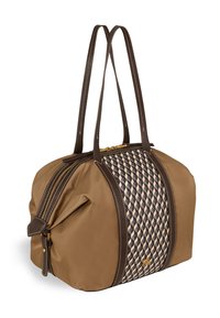 Sac en tissu brun avec un panneau à motif géométrique, double bandoulière en cuir brun et fermeture éclair dorée. Texture douce avec des côtés froncés.