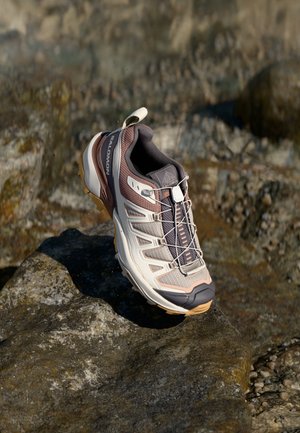 Trail running-sko i beige, brune og grå farver hvilende på en stor klippe udendørs med en stenagtig baggrund.