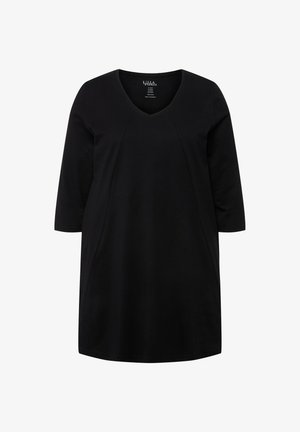 Schwarzes Top mit dreiviertel Ärmeln und V-Ausschnitt. Hergestellt aus weichem Material, mit dezenten Nahtdetails an den Seiten und einem lockeren Schnitt.