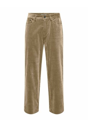 Pantalon en velours côtelé beige avec poches avant, fermeture à boutons et coupe droite sur fond blanc.
