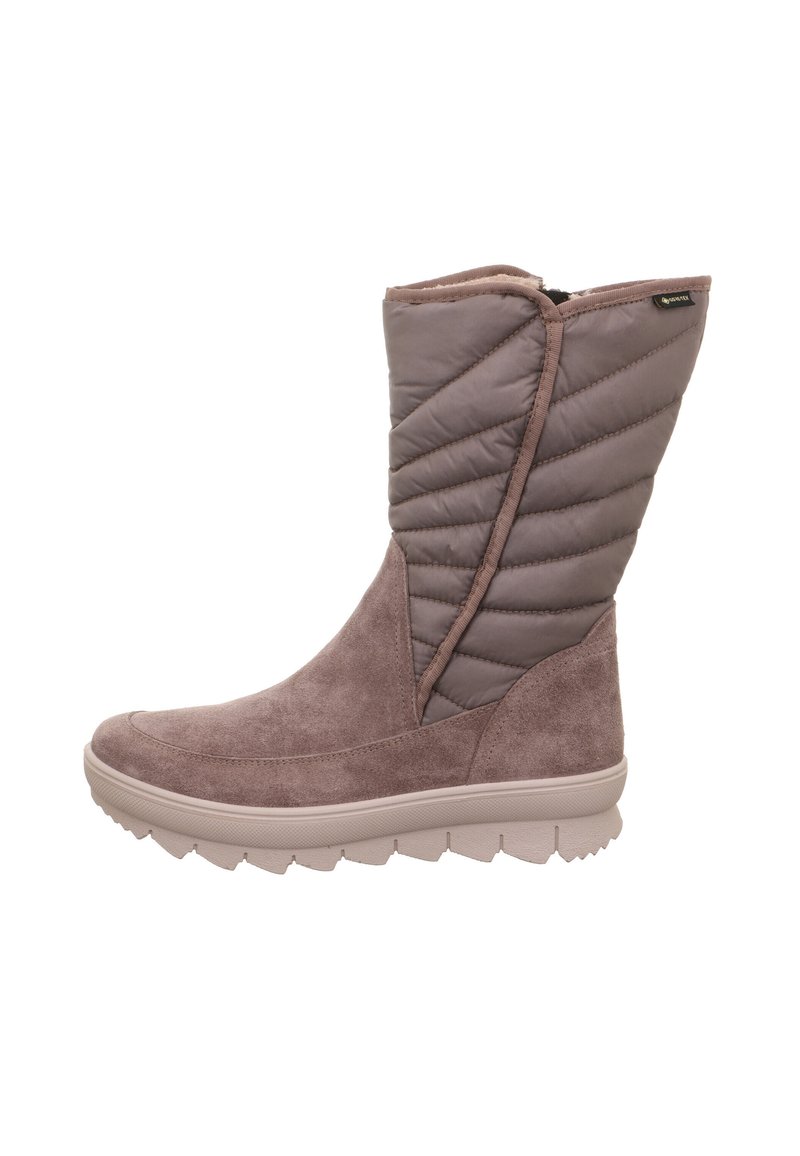 Halfhoge winterlaars met een taupe suède voet, een geborduurd nylon bovenwerk, een gevoerde zool en een GORE-TEX-label voor waterdichte bescherming.