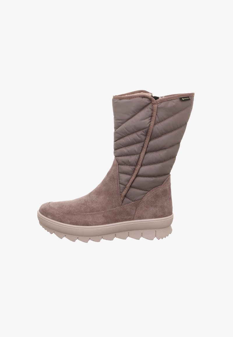 Halfhoge winterlaars met een taupe suède voet, een geborduurd nylon bovenwerk, een gevoerde zool en een GORE-TEX-label voor waterdichte bescherming.