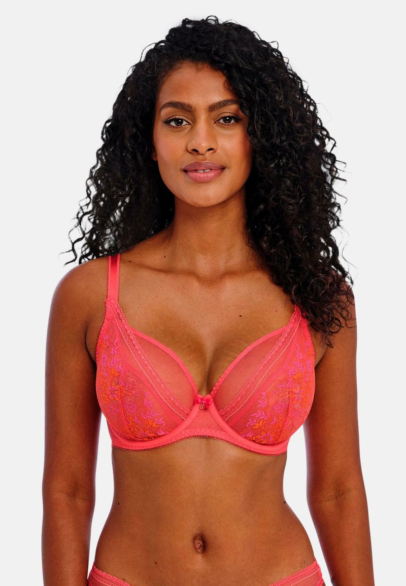 Roze kanten beha met beugel, voorzien van mesh cups, bloemenborduursel, verstelbare banden en een klein strikdetail aan de voorkant.