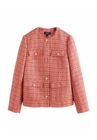 Tweed jasje in levendig oranje met een gestructureerd patroon. Heeft een kraagloos ontwerp, twee voorkruiszakken en gouden knoopsluitingen.