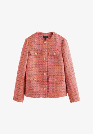 Tweedjacke in leuchtendem Orange mit strukturiertem Muster. Verfügt über ein kragenloses Design, zwei Fronttaschen und goldene Knopfverschlüsse.