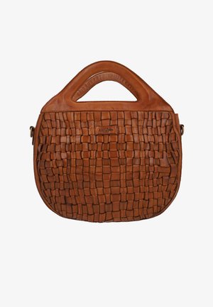 Borsa a tracolla in pelle marrone con motivo intrecciato sul davanti, forma trapezoidale rotonda e manico superiore integrato.