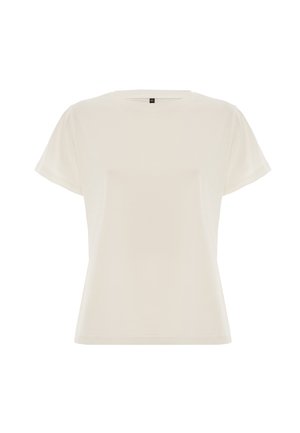 Hellbeige T-Shirt mit kurzen Ärmeln aus weichem Stoff. Rundhalsausschnitt, lässige Passform und glatte Textur ohne sichtbare Muster oder Akzente.