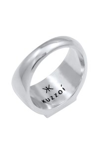 Silver ring with a smooth, polished finish. Rounded edges and a flat top. Interior engraved with "KUZZOI". Reflective surface highlights design.