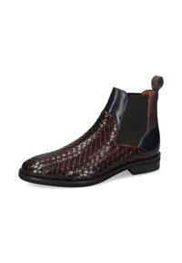Bottines Chelsea en cuir tressé marron avec un panneau élastique latéral navy, un dos texturé et une languette. Forme élégante avec un bout arrondi.