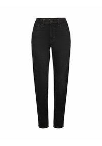 Jean skinny noir taille haute avec bouton sur le devant, fermeture à glissière, passants de ceinture et conception à cinq poches, présenté sur fond blanc.