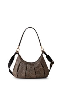 Hobo-Tasche mit einer strukturierten, gesprenkelten Oberfläche in Braun und Gold, ausgestattet mit einem kurzen schwarzen Trageriemen und goldenen Hardware-Details.