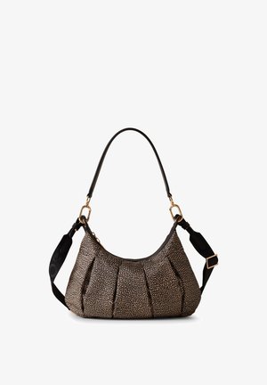 Sac hobo avec une surface texturée et mouchetée de marron et d'or, doté d'une courte sangle noire et d'accents en métal doré.