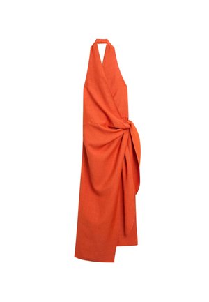 Abito arancione senza maniche con scollo halter, parte anteriore a incrocio e dettaglio nodo laterale, gonna al ginocchio, realizzato in tessuto leggero.