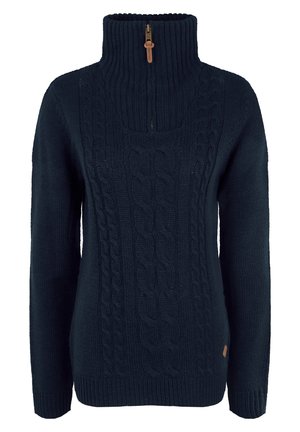 Granatowy sweter z dzianiny z wysokim kołnierzem, z suwakiem oraz wzorem w warkocze na przodzie. Miękka tekstura i ściągacze przy mankietach.