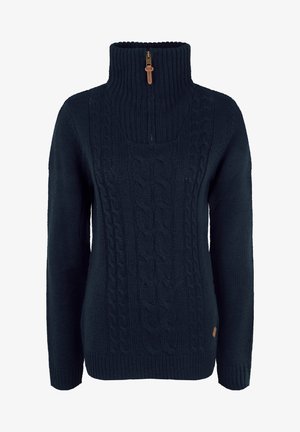 Maglione lavorato a maglia di colore blu navy con colletto alto, dotato di cerniera e motivo a trecce sulla parte anteriore. Texture morbida e polsini a coste.