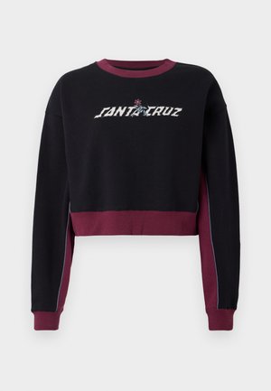 Fekete, cropped kapucnis pulóver bordó részletekkel, amelyen hímzett "SANTA CRUZ" logó található a mellkason, és kontrasztos oldalpanelek.