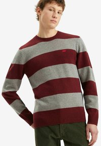 Red and gray striped wool sweater with a ribbed neckline and cuffs, featuring a small logo on the chest and a relaxed fit.