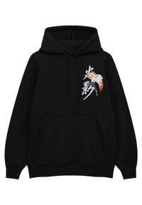 Felpa nera con cappuccio, tasca a marsupio frontale, cappuccio con cordino e design grafico in bianco, rosso e giallo sul lato sinistro del petto.