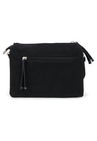 Black fabric crossbody bag with a textured surface, featuring a zippered front pocket and smooth zipper pulls. Compact rectangular shape.