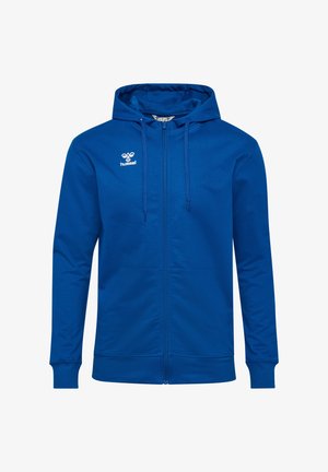 Blauwe zip-up hoodie gemaakt van gladde stof. Voorzien van een rits aan de voorkant, twee zakken en een capuchon met trekkoorden. Logo aan de bovenkant links.