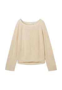 Beżowy sweter dzianinowy z szerokim dekoltem, długimi rękawami i prążkowanymi mankietami. Posiada lekko skrócony dół i teksturowany wzór w całej powierzchni.