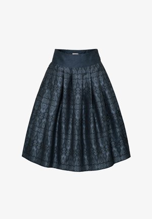 Jupe noire évasée avec un motif jacquard texturé, taille large et design plissé. Le tissu a un léger éclat.