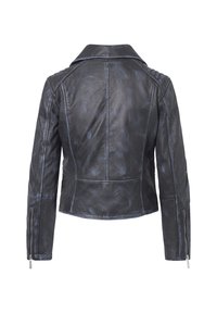 Black leather jacket with a fitted design, visible stitching, and zippered pockets. Features a notched collar and textured finish.