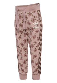 Lichtroze sweatpants met bloemenpatroon, elastische tailleband en trekkoord. Het zijpaneel heeft bruine chevronaccenten en logo. Gemaakt van een katoenmix.