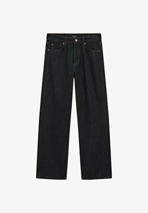 Schwarze Jeans mit geradem Bein, fünf Taschen, Knopfverschluss und sichtbaren Nahtdetails, flach auf einem weißen Hintergrund liegend.