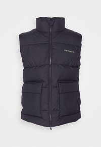 Gilet imbottito nero con colletto alto, chiusura anteriore con zip, due grandi tasche e logo del marchio. Realizzato in materiale isolante e trapuntato.