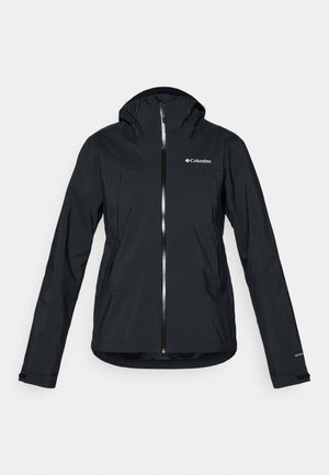 Fekete vízálló dzseki teljes cipzárral, hozzákapcsolt kapucnival és fényvisszaverő részletekkel. Sima textúra, minimalista dizájn, Columbia logóval.