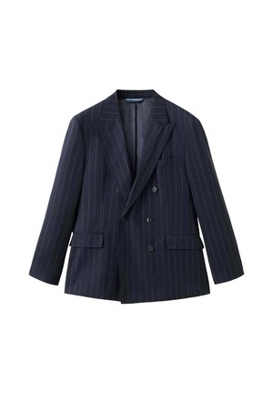 Blazer doppiopetto blu navy con sottili righe bianche, rever a lancia e tasche con patta, mostrato su sfondo bianco.