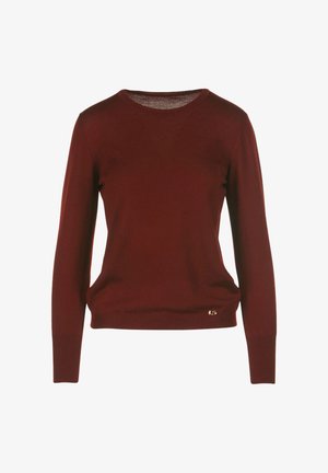 Bordeaux brei trui met lange mouwen, ronde halslijn, geribbelde manchetten en zoom. Heeft een kleine gouden accent aan de onderkant links.