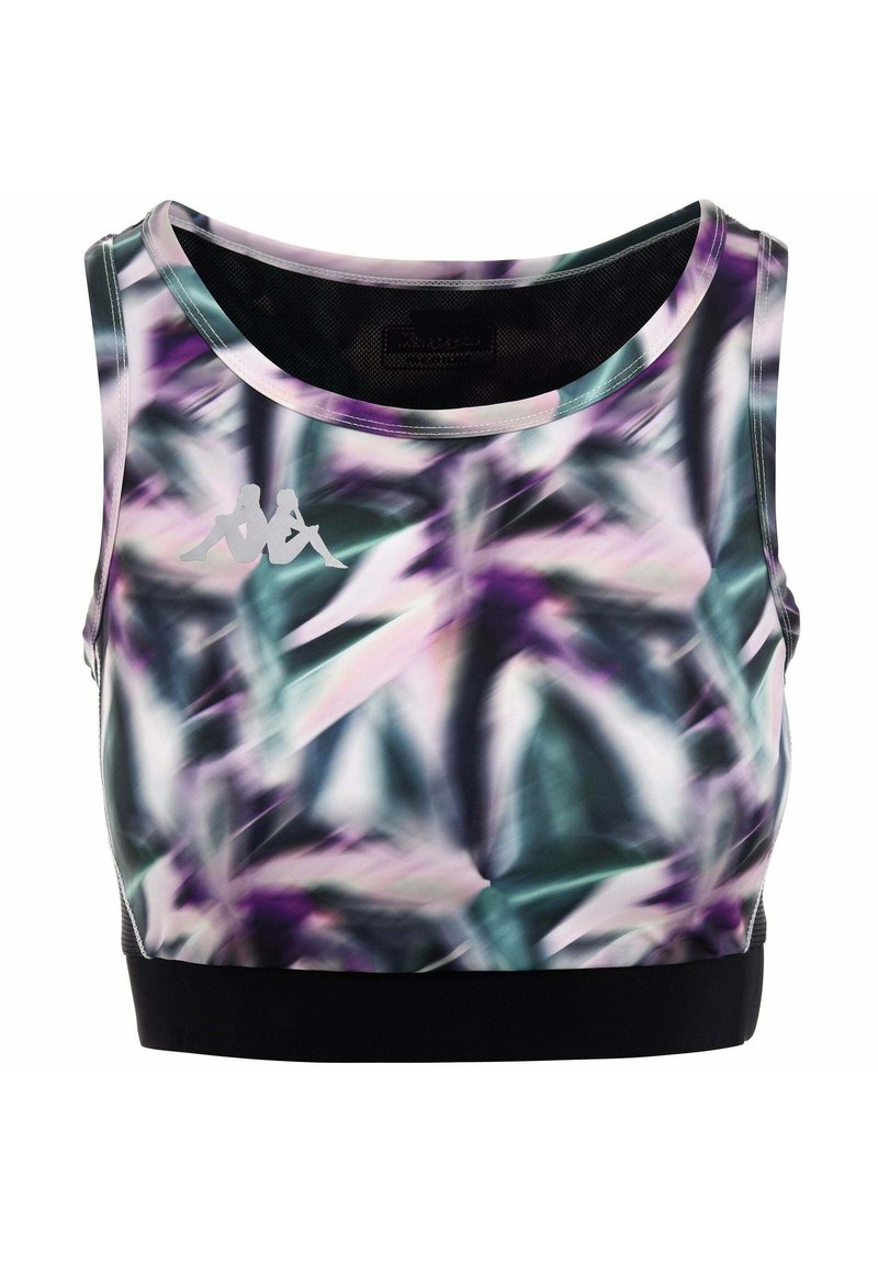 Top sportivo senza maniche con un motivo astratto in viola, teal e bianco, orlo elastico nero, dotato di un piccolo logo del marchio sul petto.