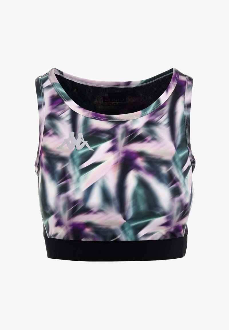Top sportivo senza maniche con un motivo astratto in viola, teal e bianco, orlo elastico nero, dotato di un piccolo logo del marchio sul petto.