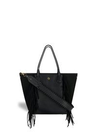 Black tote bag made of leather and suede with fringe accents, two top handles, and a detachable braided shoulder strap.