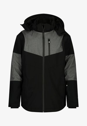 Chaqueta negra y gris con frente con cremallera, capucha y diseño de paneles en contraste. Cuenta con bolsillos en el pecho y a los lados con cremallera. Material resistente al agua.