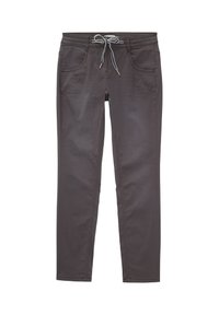 Pantaloni grigi scuri in tessuto testurizzato, con vita elasticizzata e dettaglio con cordino. Caratterizzati da due tasche frontali e gambe affusolate.