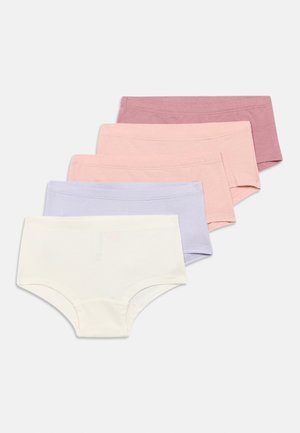 Puuvillane aluspükste komplekt, mis sisaldab viit paari erinevates värvustes: valge, helelilla, roosa, heleroosa ja tumeroosa. Igalpaaril on sile tekstuur ja elastne vööosa.