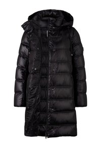 Długa czarna ocieplana kurtka zimowa z kapturem, z przodu zamek błyskawiczny, zatrzaski i boczne kieszenie, częściowo rozpięta.