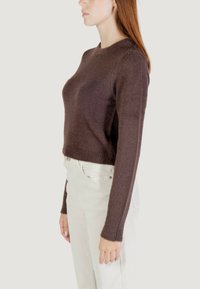 Maglione marrone e peloso con collo a giro e maniche lunghe, abbinato a jeans di colore chiaro. La texture sembra morbida e accogliente.