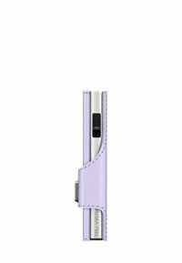 Purple leather card holder with silver metal accents, featuring a smooth texture and cut-out for card access on the side.
