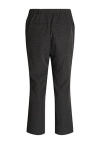 Black trousers featuring an elastic waistband, two back pockets, and a small white polka dot pattern throughout.