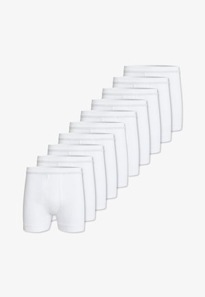 Weiße Herren-Boxershorts in einer Packung mit zehn Stück, aus weichem Baumwollmaterial, mit elastischem Bund und geripptem Textil, in Standardgröße und -länge.