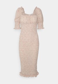 Robe midi florale en beige clair avec des manches bouffantes, un col à volants et une silhouette ajustée. Présente un petit motif de fleurs rouges et oranges.