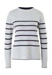 Grauer Strickpullover mit navyblauen horizontalen Streifen, Rundhalsausschnitt, langen Ärmeln und gerippten Bündchen. Weiche Textur, lässiges Design.